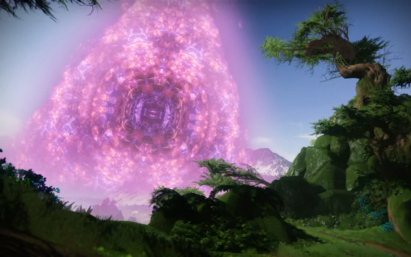 HD desktop wallpaper of 'Destiny 2: The Final Shape' featuring a luminous, pink portal in a lush green landscape with trees and mountains in the background.