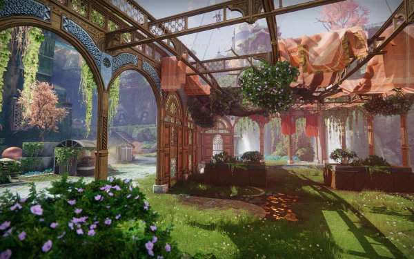 HD desktop wallpaper of Destiny 2: The Final Shape featuring a lush, ornate garden with arches, greenery, and hanging plants bathed in soft sunlight.