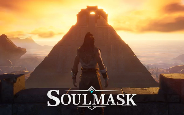 HD desktop wallpaper of the video game Soulmask, featuring a character standing before a large pyramid structure during sunset. The game's title is displayed prominently at the bottom.
