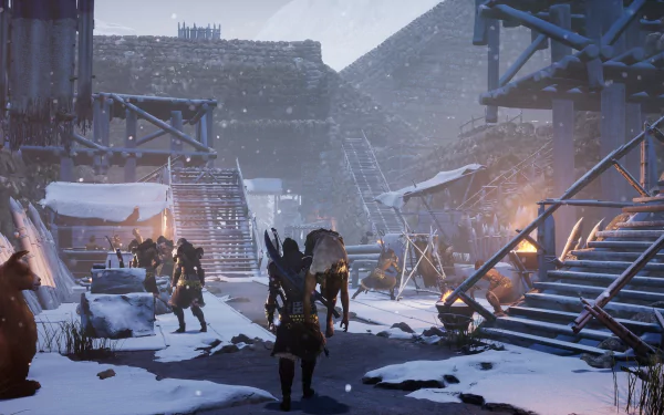 HD desktop wallpaper and background from the video game Soulmask featuring a snowy medieval village scene with armored characters, wooden structures, and ambient firelight.