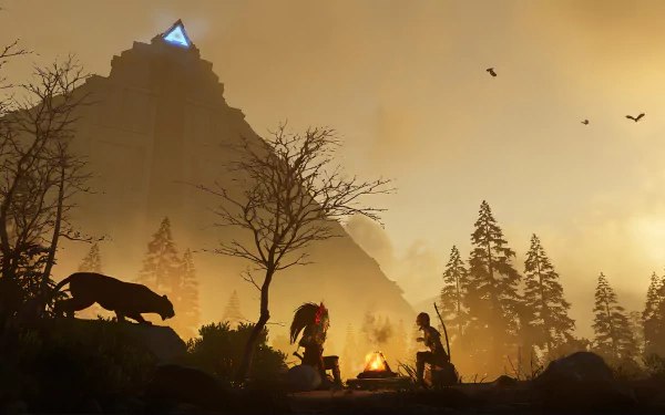 HD desktop wallpaper featuring a scene from the video game Soulmask. It portrays two characters around a campfire with a mountain in the background, a panther nearby, amid a forest at dusk.