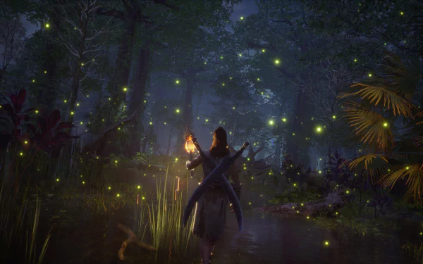 A mesmerizing HD desktop wallpaper featuring a scene from the video game Soulmask. The image depicts a character holding a torch, surrounded by glowing fireflies in a dense, mystical forest.