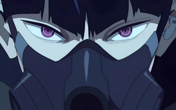 Close-up of Soushirou Hoshina from the anime Kaiju No. 8 wearing a dark mask, displaying intense purple eyes in a high-definition PC desktop wallpaper.