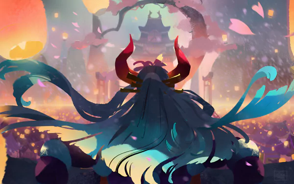 HD PC desktop wallpaper featuring Yamato from One Piece in an anime style, with glowing lanterns and cherry blossoms creating a vibrant, atmospheric backdrop.