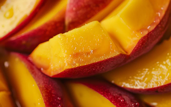 HD image of fresh, juicy mango slices with vibrant yellow and red hues, designed as a wallpaper and background.