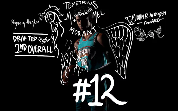 4K Ultra HD PC wallpaper of Ja Morant with artistic white doodles highlighting his achievements and jersey number #12 on a black background.