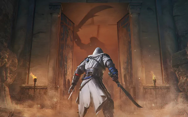 HD desktop wallpaper featuring an Assassin from Assassin's Creed Mirage standing before an ornate, mysterious doorway, with torches illuminating the entrance and a warrior shadow cast on the wall.