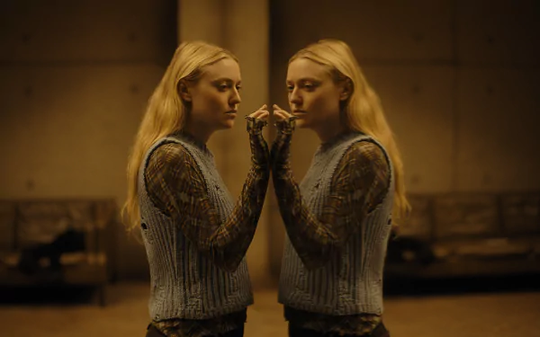 HD wallpaper featuring Dakota Fanning in The Watchers (2024). The image showcases a symmetrical reflection of her, creating a captivating visual. The background has a warm, dimly lit ambiance.