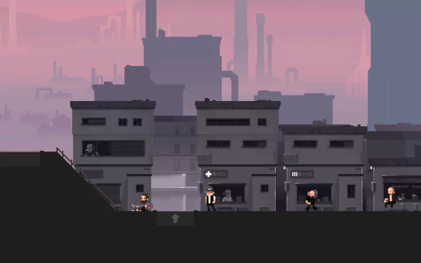 HD desktop wallpaper and background featuring a scene from the video game The Final Station, with pixel art showing characters walking in front of industrial buildings against a pinkish sky.