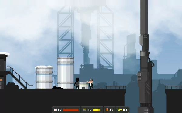 HD desktop wallpaper and background from the video game The Final Station depicting a dark, industrial scene with two characters standing amidst large machinery and foggy, dystopian structures in the background.