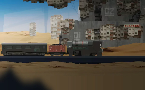 HD desktop wallpaper featuring a scene from the video game The Final Station, showcasing a train traveling through a post-apocalyptic desert with derelict buildings in the background.