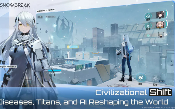 HD desktop wallpaper from the video game Snowbreak: Containment Zone, showcasing a futuristic snowy cityscape with characters and UI elements, highlighting themes of diseases, titans, and AI reshaping the world.
