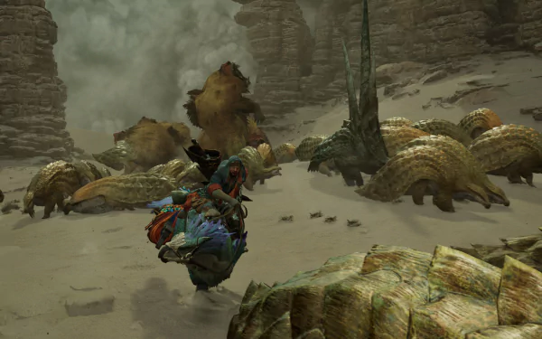 HD desktop wallpaper of Monster Hunter Wilds featuring a hunter on a creature in a desert landscape surrounded by large, dinosaur-like monsters.