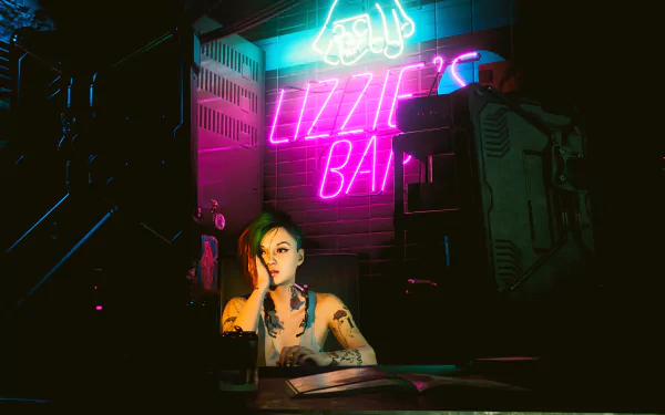 HD PC desktop wallpaper of Judy from Cyberpunk 2077: Phantom Liberty seated at a neon-lit bar beneath a glowing Lizzie's Bar sign, bathed in moody magenta and teal cyberpunk lighting.