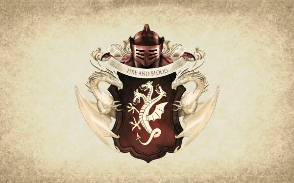 HD desktop wallpaper featuring the House of the Dragon TV show emblem: a shield with the Targaryen dragon sigil, flanked by two dragons, with Fire and Blood banner above.