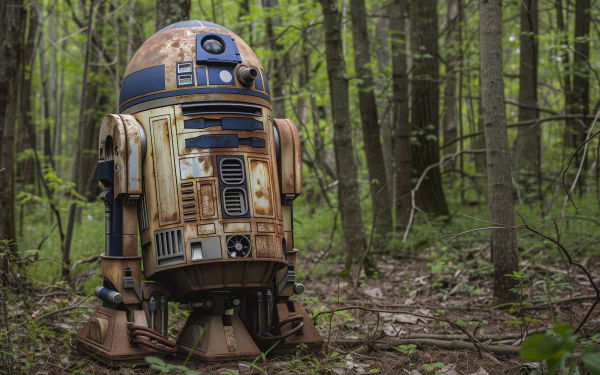 HD Star Wars desktop wallpaper featuring R2-D2 in a lush forest setting.