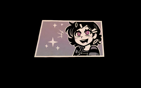 HD desktop wallpaper and background featuring a character from the video game The Coffin of Andy and Leyley, smiling with stars in the background.