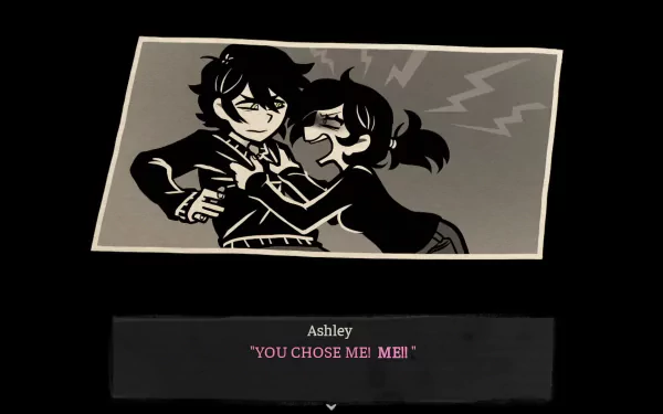 HD desktop wallpaper depicting a dramatic scene from the video game The Coffin of Andy and Leyley. A black-and-white illustration shows two characters in an intense interaction with the caption, You chose me! ME!!