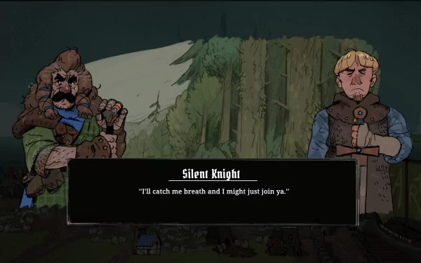 HD desktop wallpaper and background from the video game Tears of Metal, featuring two characters, one burly and one blonde, with text dialogue from a Silent Knight: I'll catch me breath and I might just join ya.