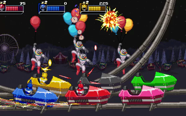 HD desktop wallpaper of the video game Mighty Morphin Power Rangers: Rita’s Rewind, featuring colorful characters in a dynamic rollercoaster battle scene at night with explosions and balloons.