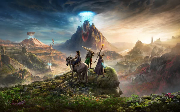 HD desktop wallpaper of the video game New World showcasing an epic landscape with adventurers and a horse standing on a grassy hill under a dramatic sky with looming mountains and mystical elements.