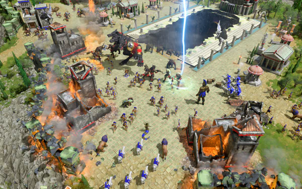 HD desktop wallpaper featuring a vibrant battle scene from the video game Age of Mythology: Retold, showcasing mythical creatures, ancient soldiers, and burning towers.