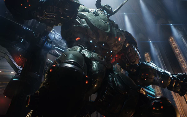 HD desktop wallpaper featuring a menacing robot from the video game DOOM: The Dark Ages, bathed in dramatic lighting with towering architecture in the background.