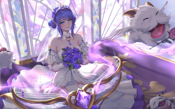 A high-definition wallpaper featuring Sona from League of Legends, beautifully adorned in a bridal gown, holding purple flowers, with a joyful creature beside her, emanating a magical, serene ambiance.