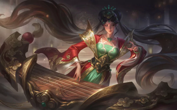 HD desktop wallpaper featuring Sona from the video game League of Legends, showcasing her in a detailed, vibrant outfit playing her ethereal instrument. The background is mystical and enchanting.