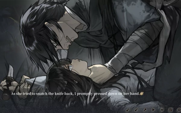 HD desktop wallpaper and background from the video game The Hungry Lamb: Traveling in the Late Ming Dynasty, depicting a dramatic scene with two characters struggling over a knife.