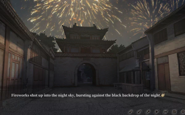 HD desktop wallpaper from the video game The Hungry Lamb: Traveling in the Late Ming Dynasty showing ancient architecture and vibrant fireworks lighting up the night sky.