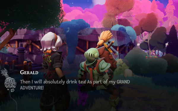 HD desktop wallpaper of Wanderstop video game featuring two characters conversing in a colorful, dreamy landscape. Text reads, Then I will absolutely drink tea! As part of my GRAND ADVENTURE!