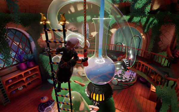 HD desktop wallpaper of the video game Wanderstop, featuring a character working with alchemical equipment in a cozy, vibrant room filled with greenery and wooden furniture.