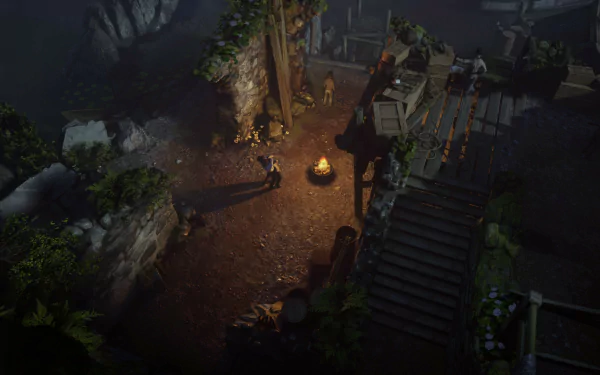 HD wallpaper of a scene from the video game Eriksholm: The Stolen Dream. The image shows an evening campfire setting with characters and structures surrounded by greenery and shadows.