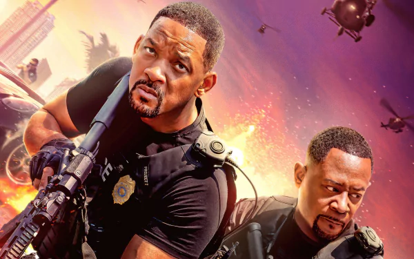 HD desktop wallpaper featuring Will Smith and Martin Lawrence in an action-packed scene from the movie Bad Boys: Ride or Die, with helicopters and cityscape in the background.