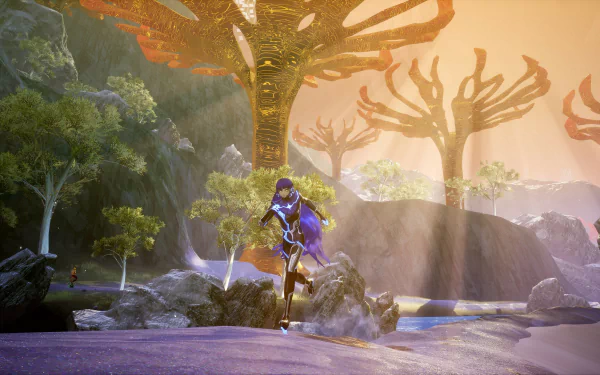 HD desktop wallpaper and background featuring a character from the video game Shin Megami Tensei V: Vengeance, amidst a fantastical landscape with glowing, otherworldly trees and vibrant colors.