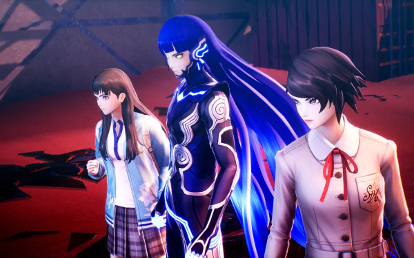 HD desktop wallpaper featuring three characters from the video game Shin Megami Tensei V: Vengeance, with vibrant colors and detailed designs.