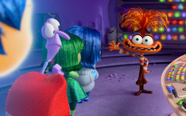HD desktop wallpaper featuring characters from the movie Inside Out 2, including the new character Anxiety. The colorful and vibrant scene showcases the characters in a lively animated setting.