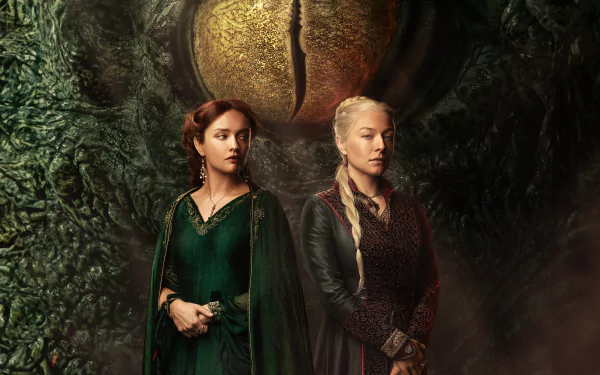 Two characters from the TV show House of the Dragon stand before an enormous, menacing dragon eye in this HD desktop wallpaper and background.
