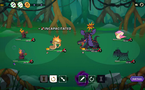 HD desktop wallpaper featuring a turn-based battle scene from the video game, Dicefolk, with various creatures engaged in combat amidst a lush, forested background.