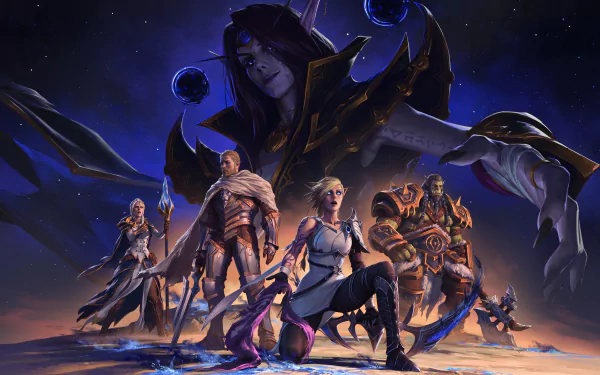 HD desktop wallpaper featuring characters from the video game World of Warcraft: The War Within. The image depicts a group of warriors poised for battle under a dark, starry sky.