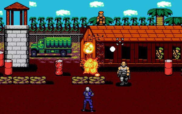 HD desktop wallpaper of the video game UFO 50. The retro-style scene depicts a combat scenario with explosions, a soldier, and enemies in a jungle base with vibrant pixel art.