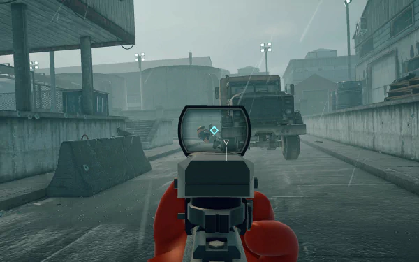 HD desktop wallpaper of a scene from the video game Killer Bean, featuring a first-person view aiming a gun at an enemy in an industrial setting under rainy weather.