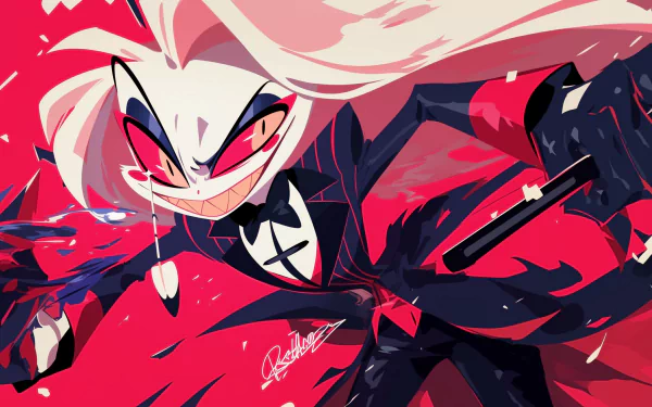 HD desktop wallpaper featuring Charlie Morningstar from the TV show Hazbin Hotel in a dynamic, colorful pose with a vibrant red background.
