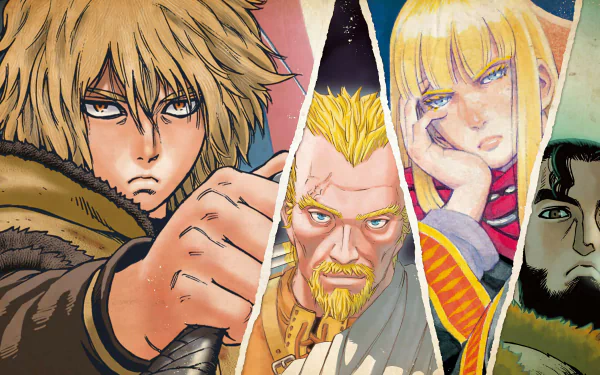HD desktop wallpaper featuring characters from Vinland Saga: Thorfinn, Askeladd, Canute, and Thors, illustrated in vivid colors and dynamic poses.