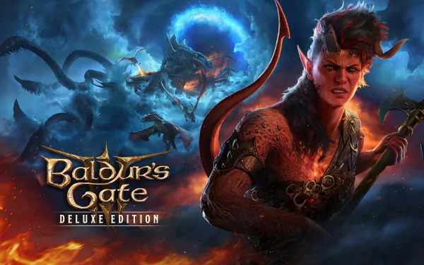 HD desktop wallpaper featuring Karlach from the video game Baldur's Gate 3, with fiery background and raging battle scene. Text reads Baldur's Gate Deluxe Edition.