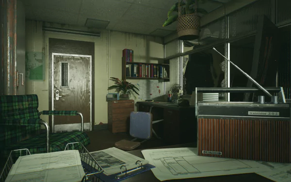 HD desktop wallpaper and background image from the video game Still Wakes the Deep, depicting an office with a cluttered desk, old radio, green checkered chair, and various documents and books.