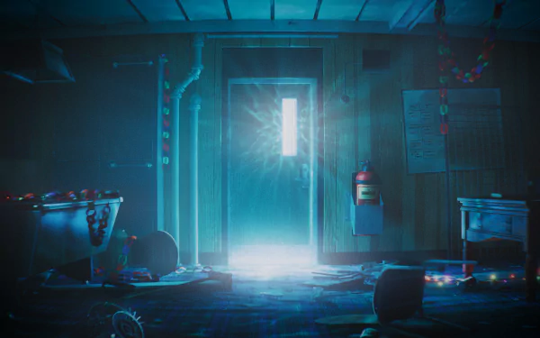 HD desktop wallpaper and background featuring an eerie room from the video game Still Wakes the Deep, illuminated by a glowing light coming through a door, with scattered objects enhancing the mysterious atmosphere.
