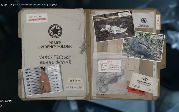 HD desktop wallpaper featuring a scene from the video game Autopsy Simulator, showcasing a police evidence folder containing various crime scene photos and evidence items.