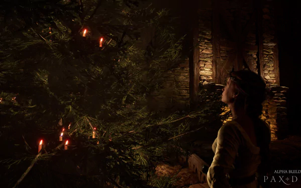 A high-definition Pax Dei video game wallpaper featuring a scene of a character looking at a candlelit tree in a dark, medieval setting.